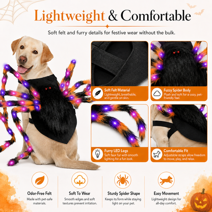 🔥Halloween Spider Dog Costume with 64 Led | Adjustable Self-Adhesive Straps, 8 Lighting Modes