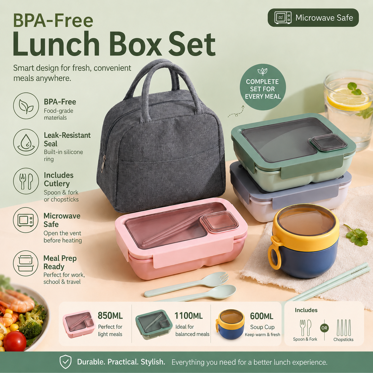 🔥Portable Compartmentalized Lunch Box Set - Microwave Safe