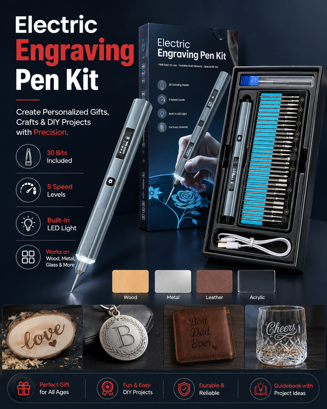 ✨Engraving Pen with LED Lights, 5 Variable Speed