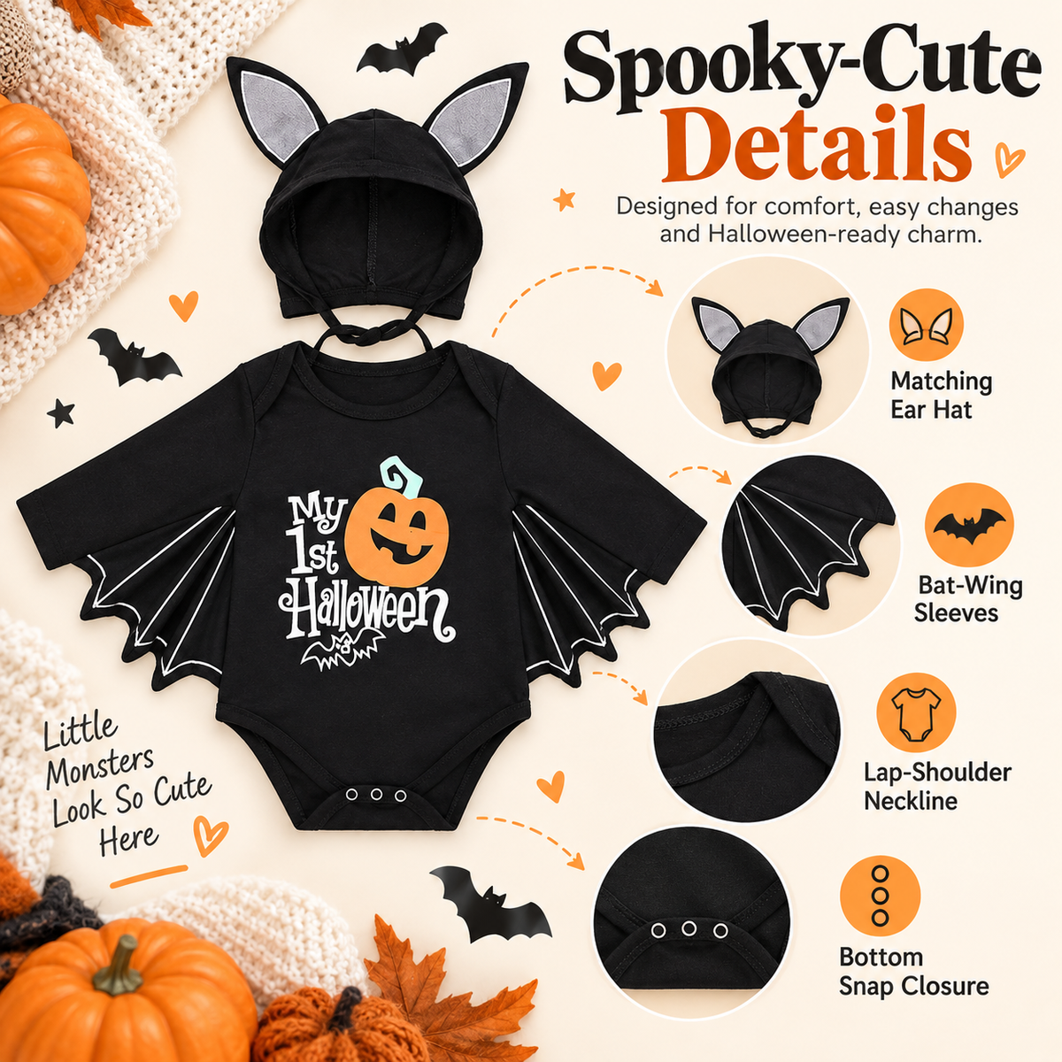 ✨My First Halloween Baby Bat-Wing Long-Sleeve Romper🎃🦇