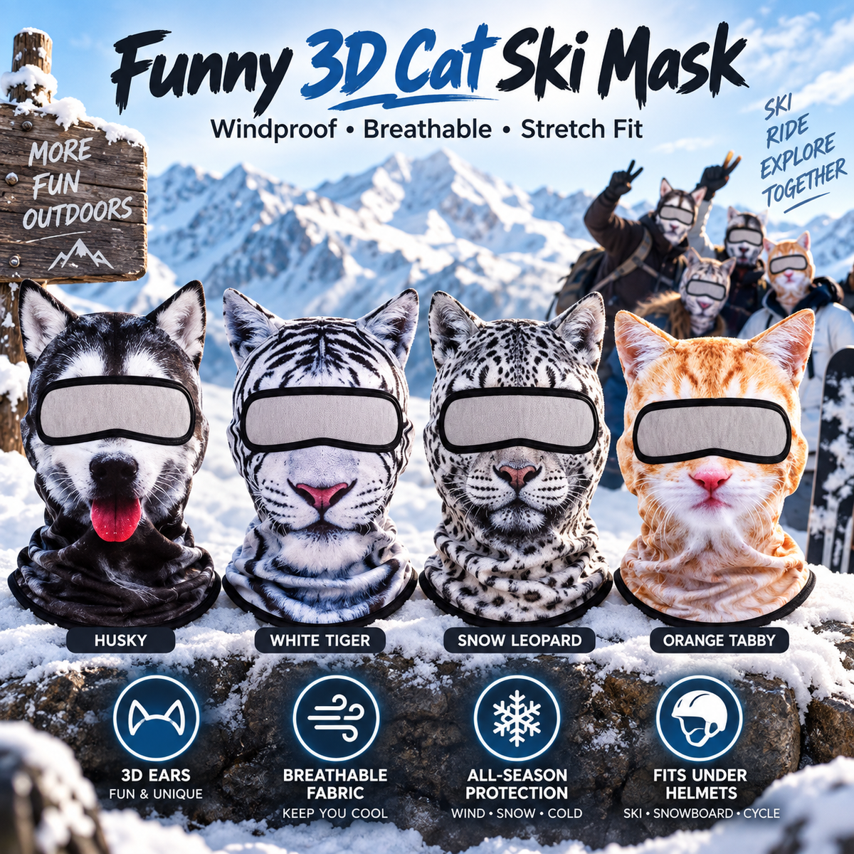 🔥3D Cat Ski Mask with Ears – Funny Windproof Balaclava for Skiing & Festivals