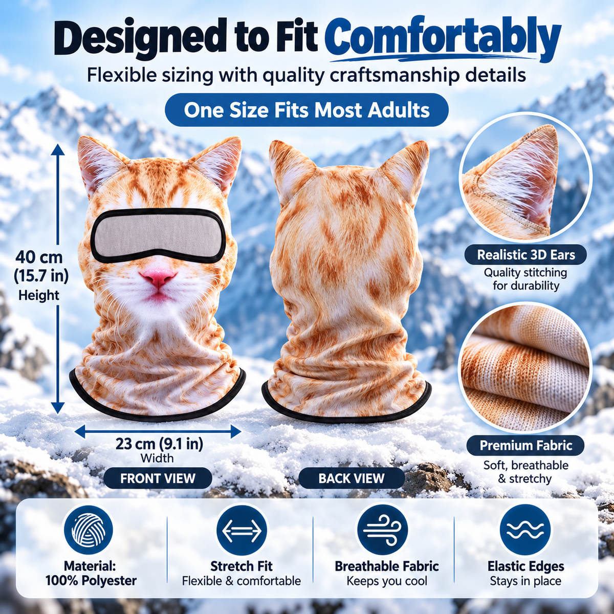 🔥3D Cat Ski Mask with Ears – Funny Windproof Balaclava for Skiing & Festivals