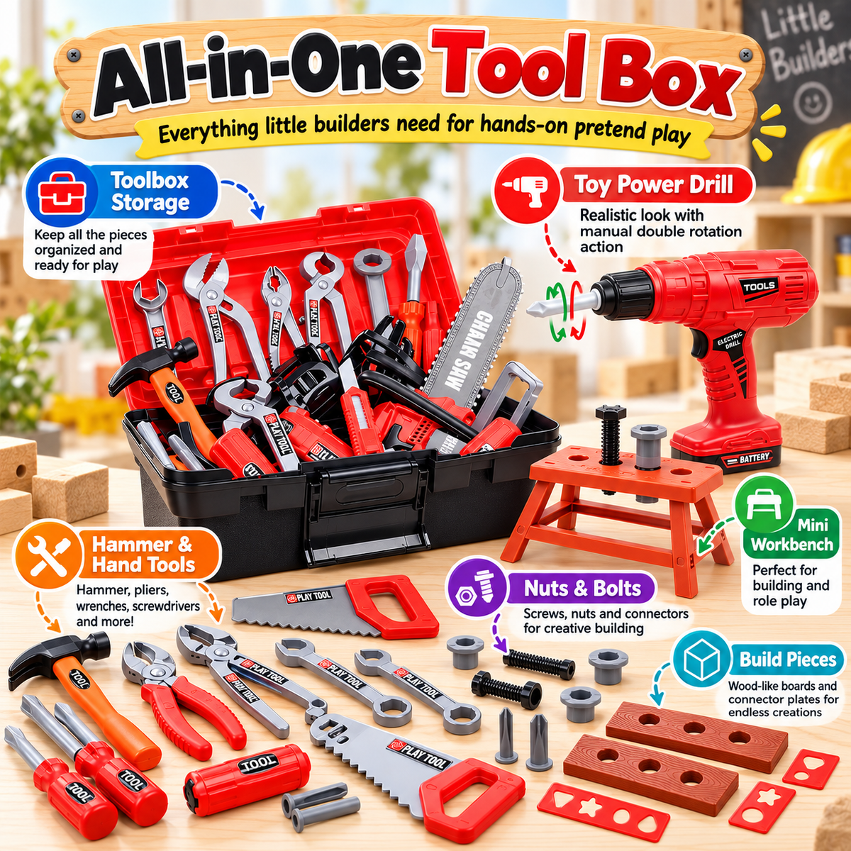 🔥Kids Tool Set, 41 Pcs with Box and Electronic Toy Drill for Child Ages 3+