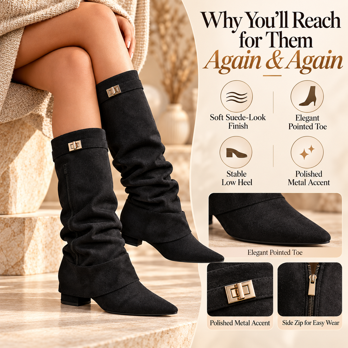 ✨Slouchy Metal Buckle Mid-Calf Boots🌏Global Free Shipping
