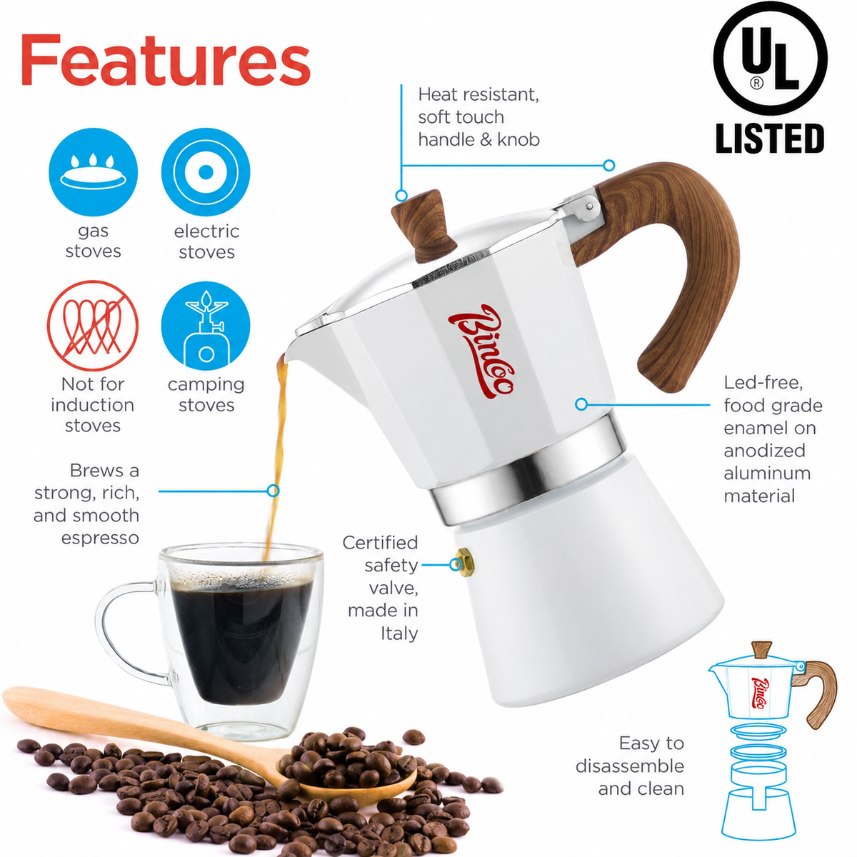 🔥Espresso Maker Stovetop, Moka Pot 3 Cups,Single Safety Valve