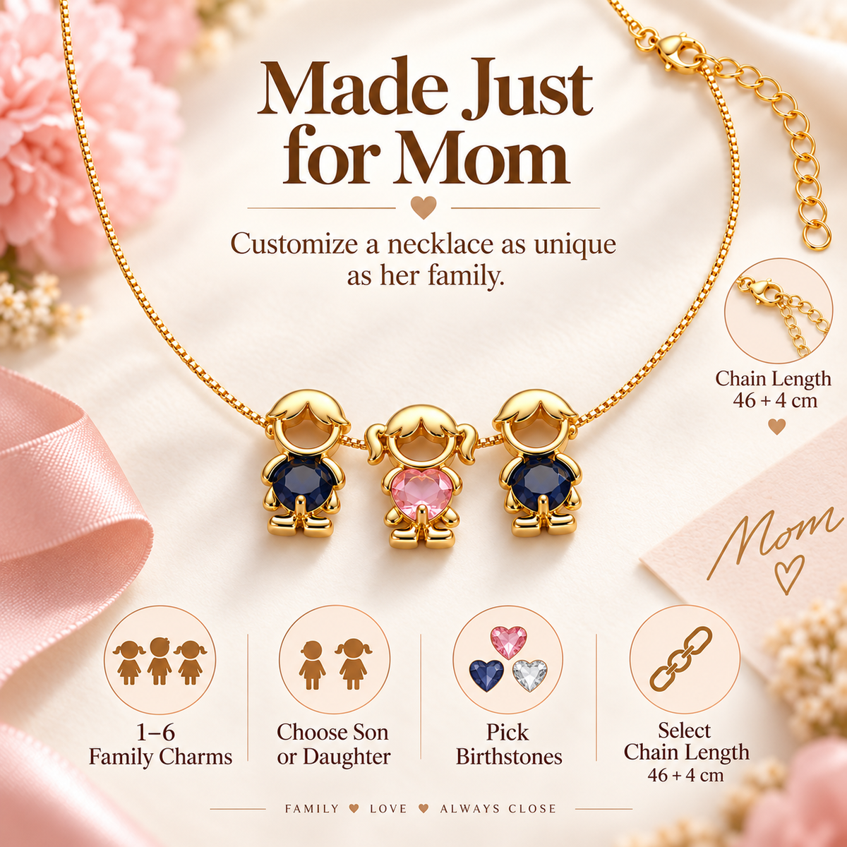 🔥Brass Custom Heart Birthstone Necklace With 1-6 Family Charms