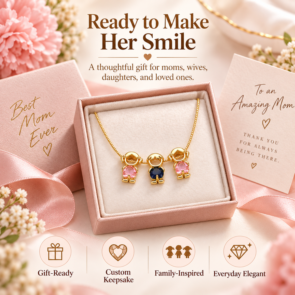 🔥Brass Custom Heart Birthstone Necklace With 1-6 Family Charms
