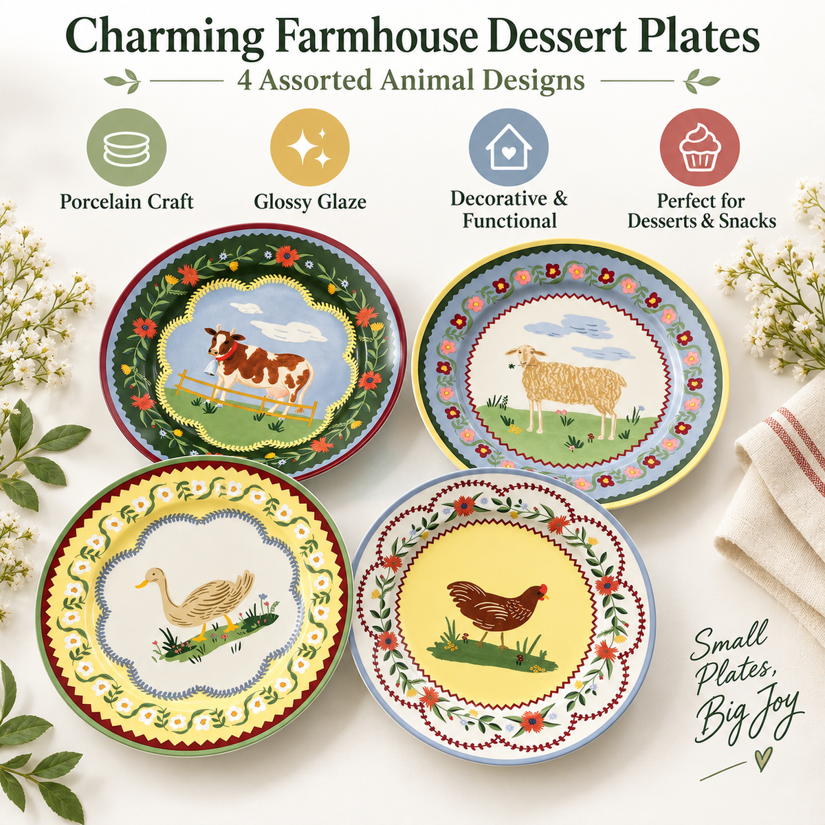 ✨Farmhouse Charm Porcelain Dessert Plates🐄