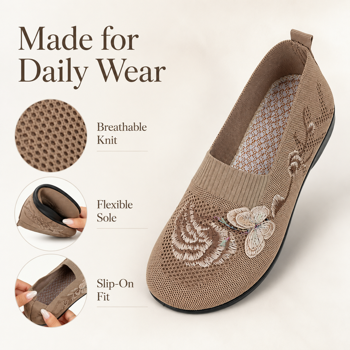 🔥 Women's Ultra-Soft Embroidered Knit Slip-On Shoes with Flexible Non-Slip Rubber Sole