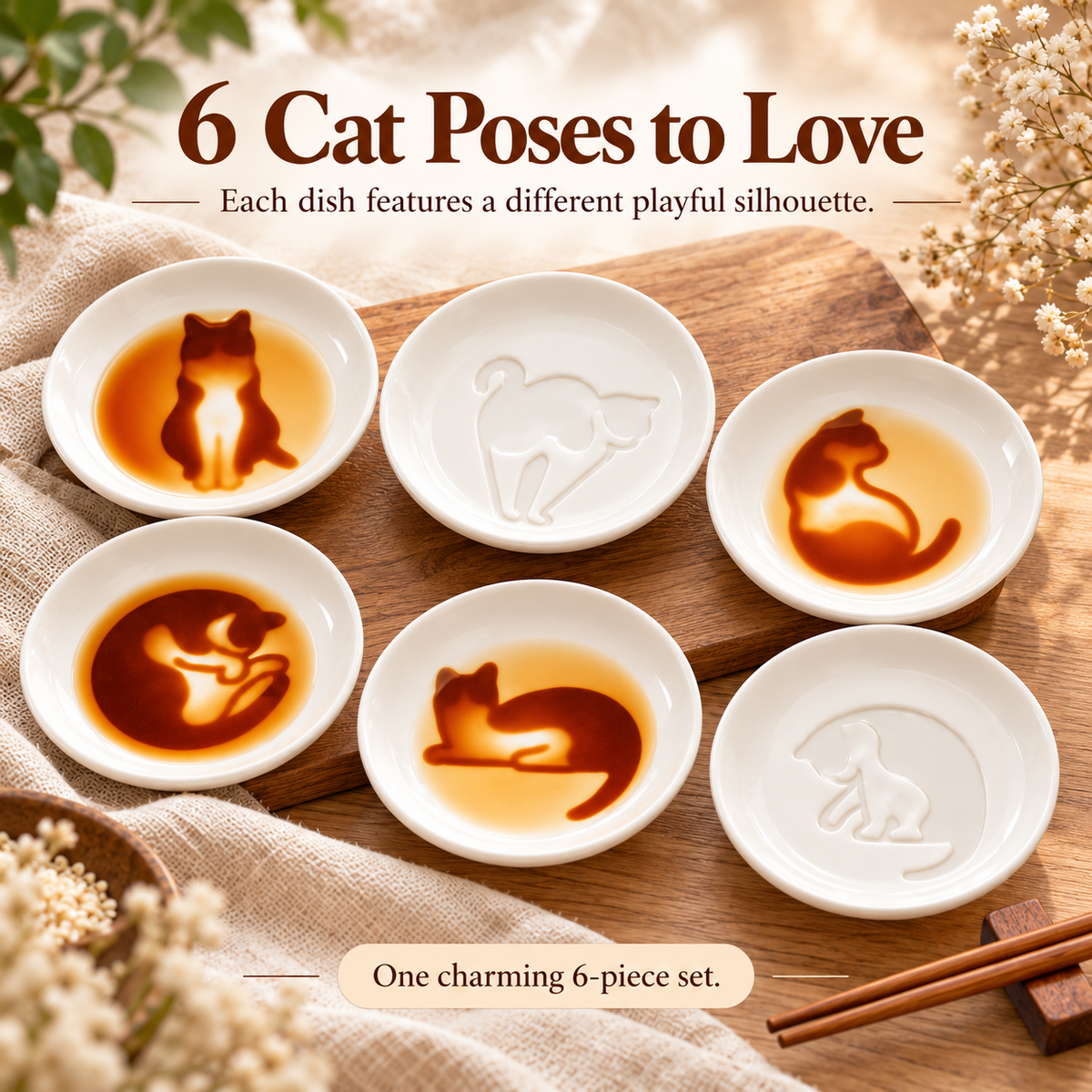 ✨6-Piece Hidden Cat Ceramic Sauce Dishes – Cute Embossed Dipping Bowl Set