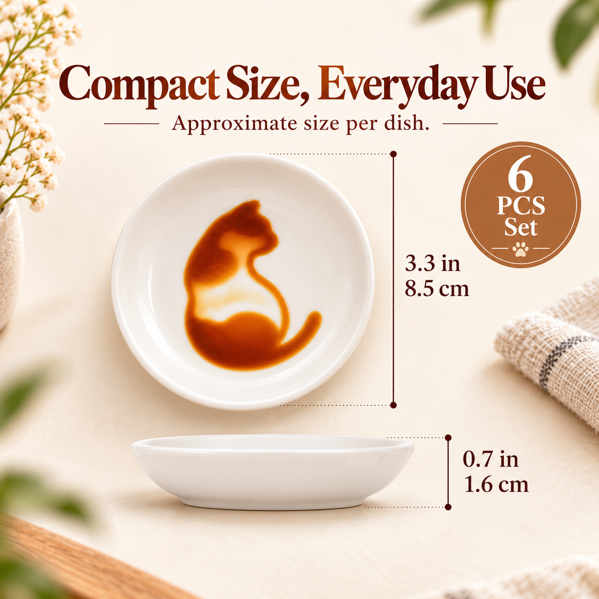 ✨6-Piece Hidden Cat Ceramic Sauce Dishes – Cute Embossed Dipping Bowl Set
