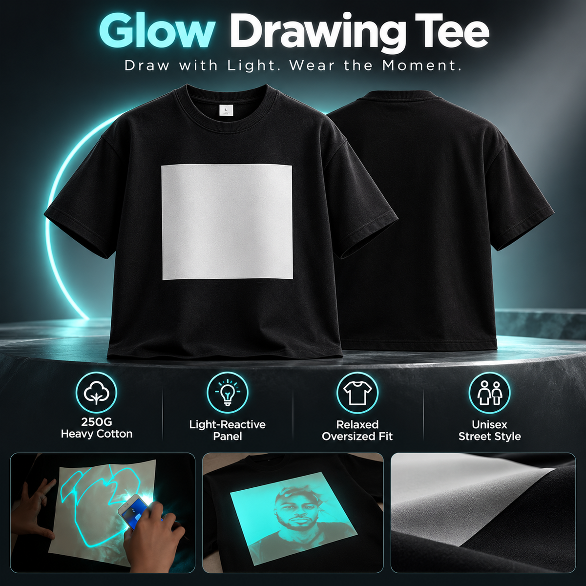 ✨Light Reactive Glow T-Shirt – Interactive Drawing Tee