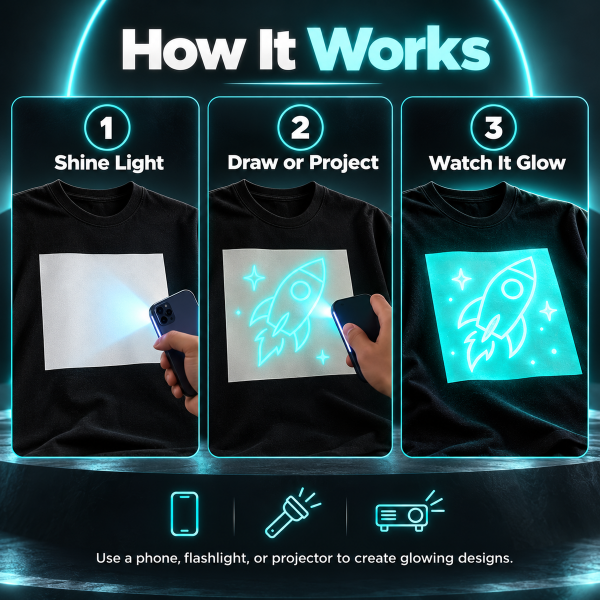✨Light Reactive Glow T-Shirt – Interactive Drawing Tee