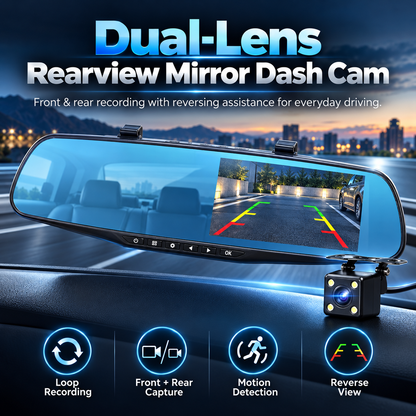 ✨Dual Camera Mirror Dash Cam – Record Front, Rear & Reverse🎥