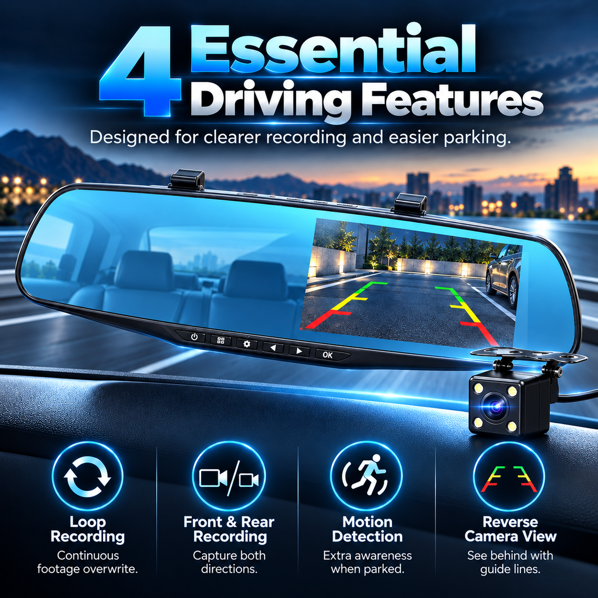 ✨Dual Camera Mirror Dash Cam – Record Front, Rear & Reverse🎥