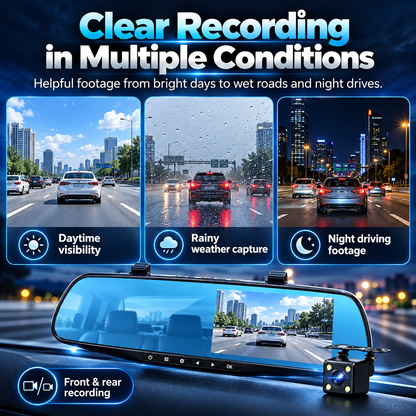 ✨Dual Camera Mirror Dash Cam – Record Front, Rear & Reverse🎥