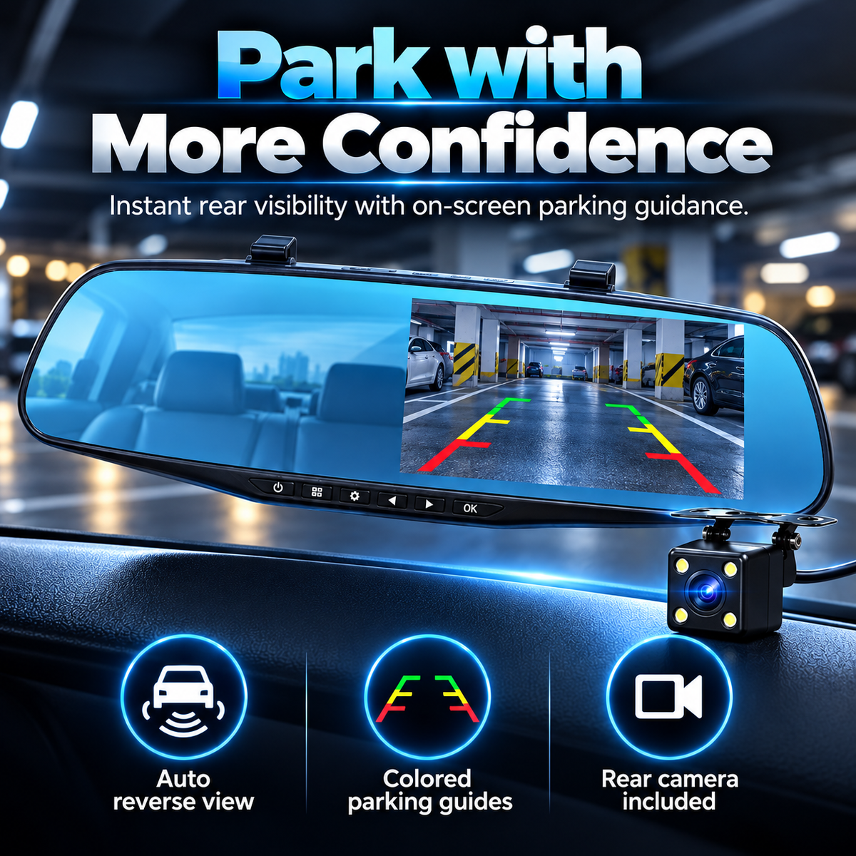 ✨Dual Camera Mirror Dash Cam – Record Front, Rear & Reverse🎥