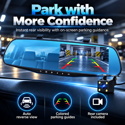 ✨Dual Camera Mirror Dash Cam – Record Front, Rear & Reverse🎥