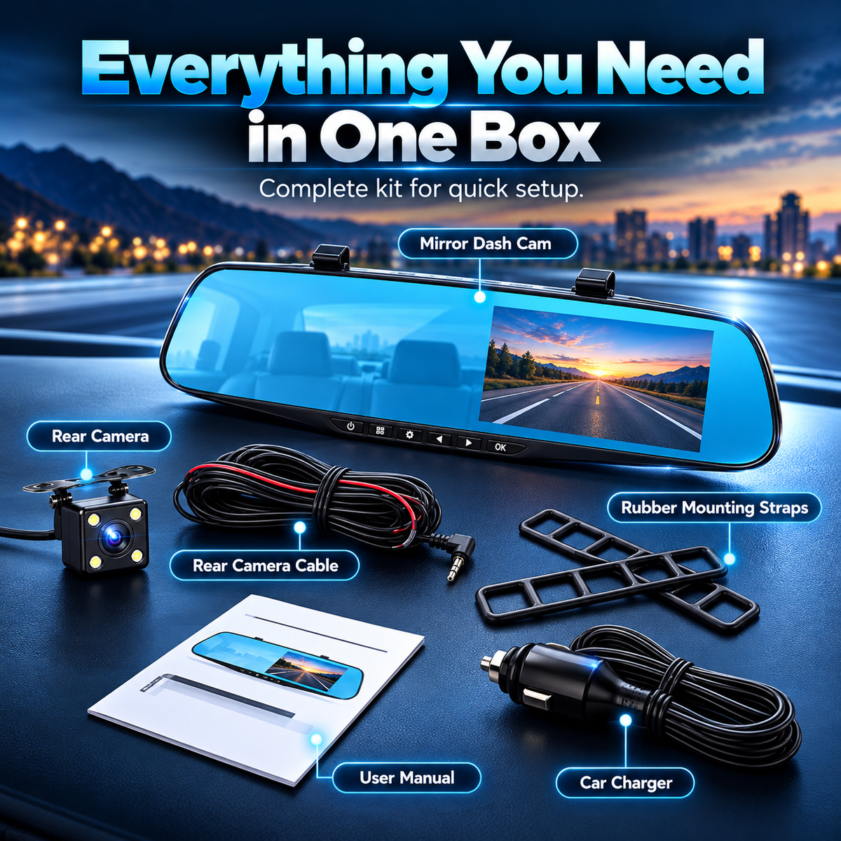 ✨Dual Camera Mirror Dash Cam – Record Front, Rear & Reverse🎥