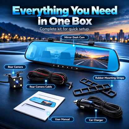✨Dual Camera Mirror Dash Cam – Record Front, Rear & Reverse🎥