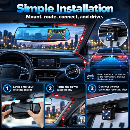 ✨Dual Camera Mirror Dash Cam – Record Front, Rear & Reverse🎥