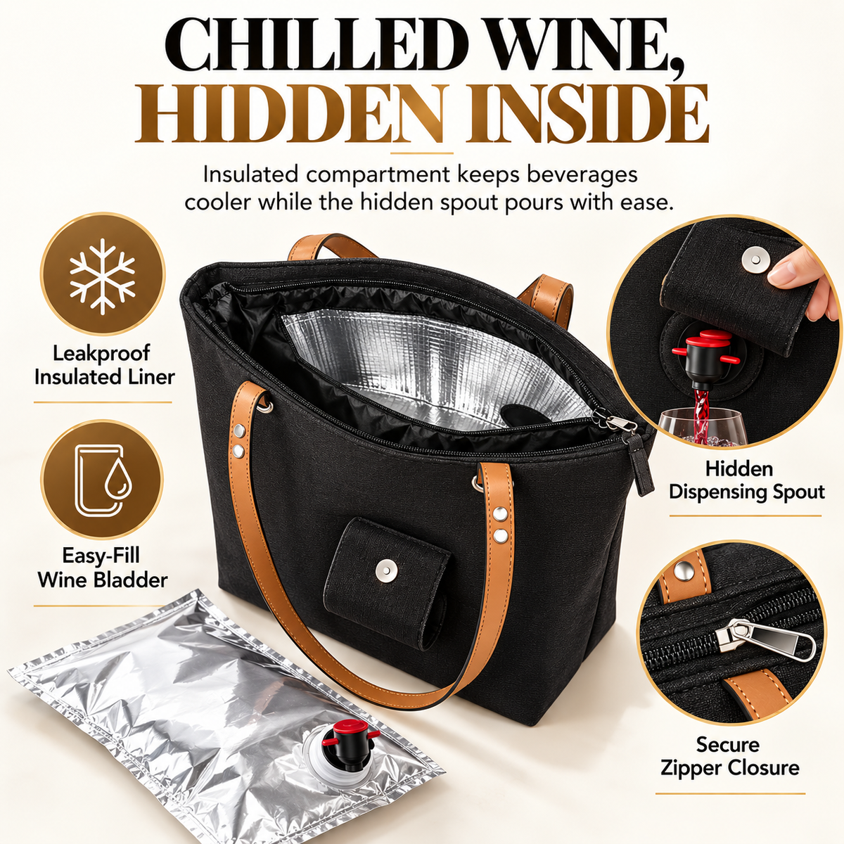 🔥Wine Tote Bag, Leakproof Insulated Purse Carrier with Hidden Spout Compartments