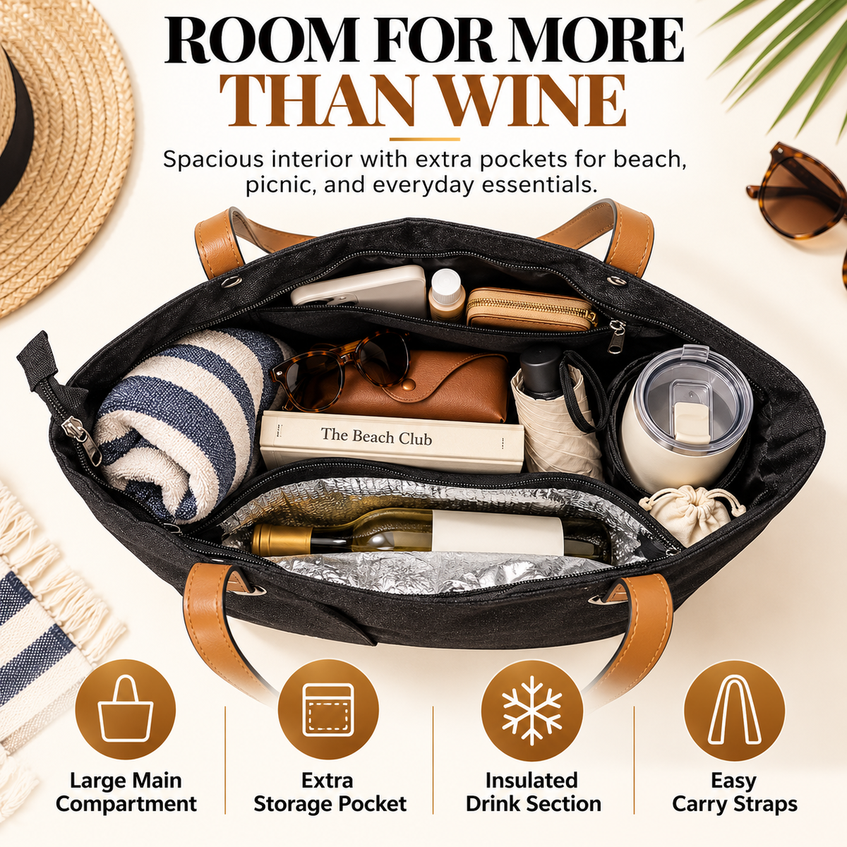 🔥Wine Tote Bag, Leakproof Insulated Purse Carrier with Hidden Spout Compartments