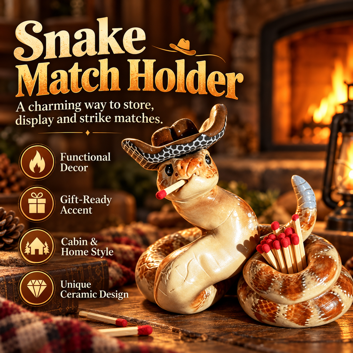 ✨Handmade Cowboy Matchstick Holders with Hat Striker — Rattlesnake Decor🐍