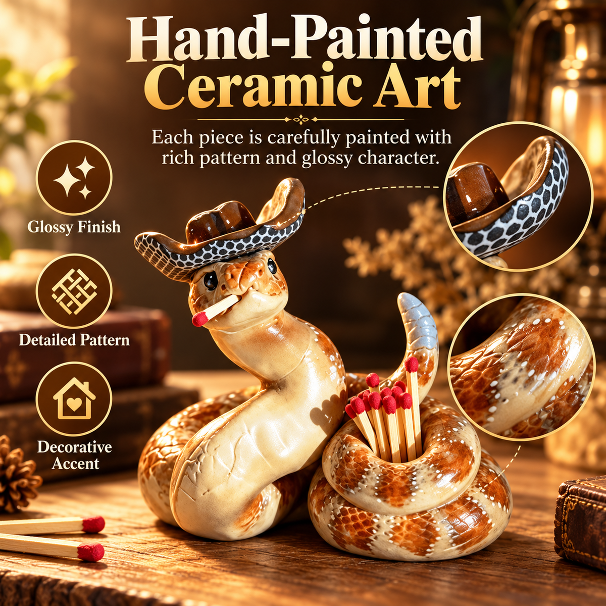 ✨Handmade Cowboy Matchstick Holders with Hat Striker — Rattlesnake Decor🐍