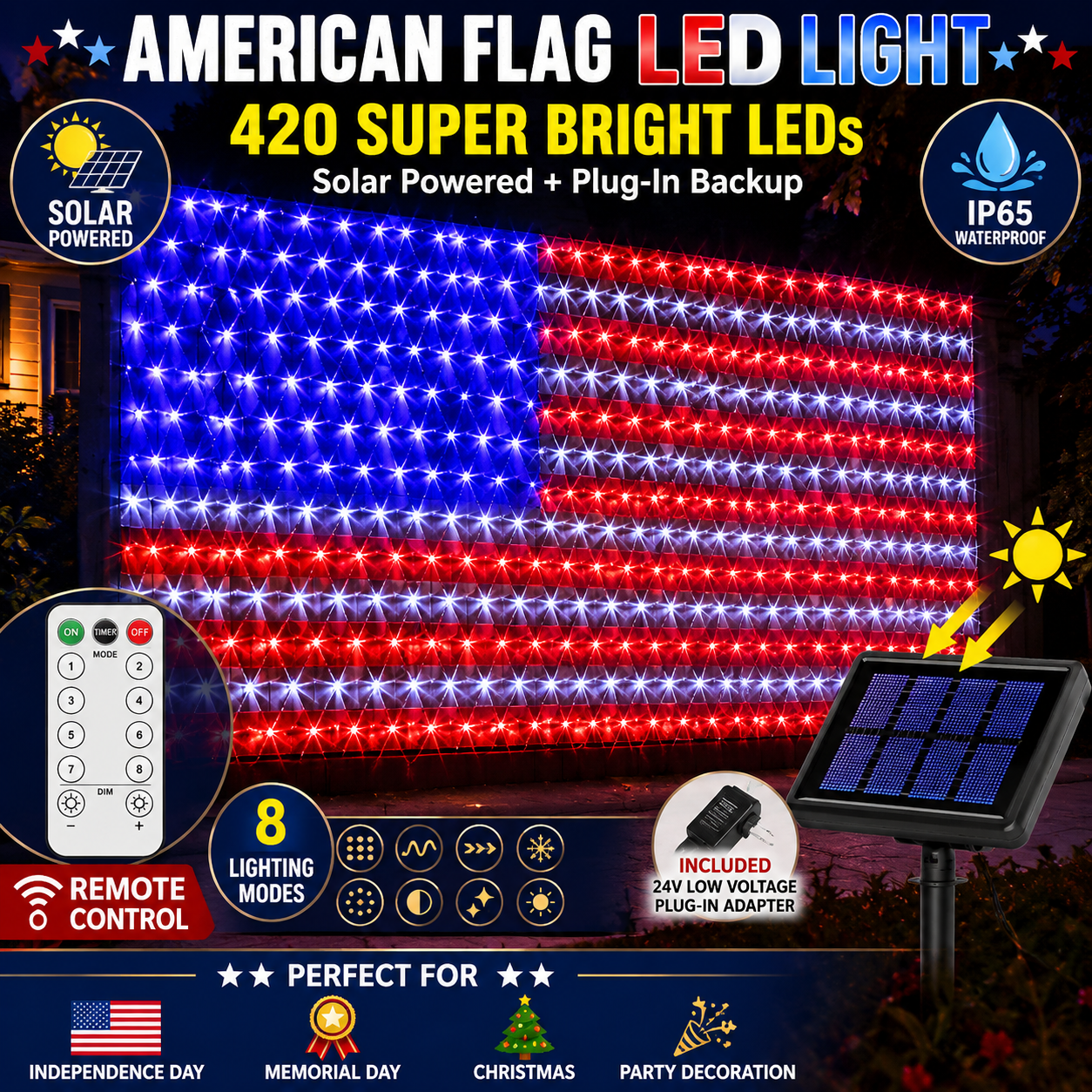 ✨Solar American Flag Lights Outdoor American Flag Net Lights 6.5ft x 3.28ft