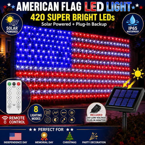 ✨Solar American Flag Lights Outdoor American Flag Net Lights 6.5ft x 3.28ft