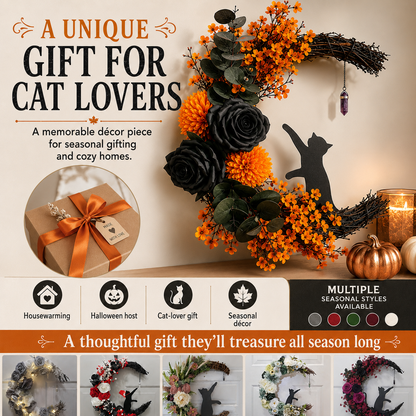 ✨Last Day 50% OFF - Handmade Halloween Cat Wreath🐈‍⬛🌙