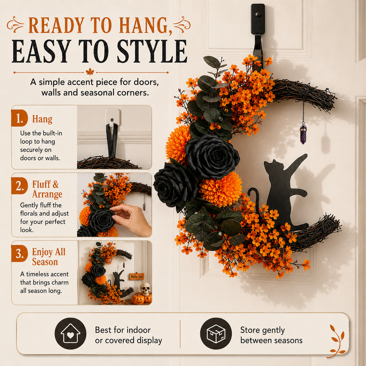 ✨Last Day 50% OFF - Handmade Halloween Cat Wreath🐈‍⬛🌙