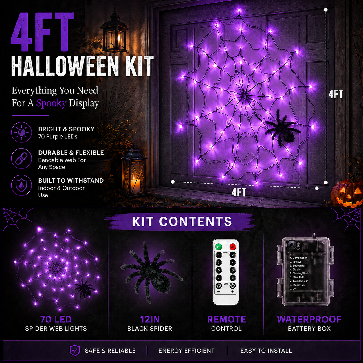🔥🎃 Halloween LED Giant Spider Web Light