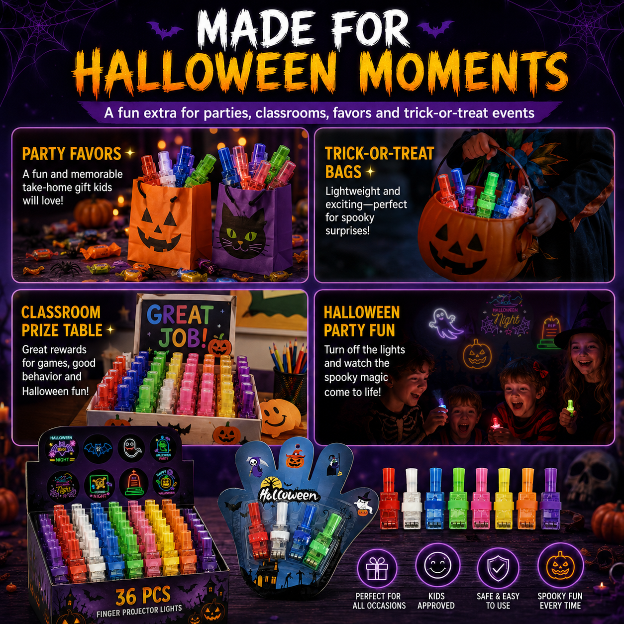 ✨36-Pack Halloween LED Projection Finger Lights –  Trick-or-Treat & Goody Bag Fillers