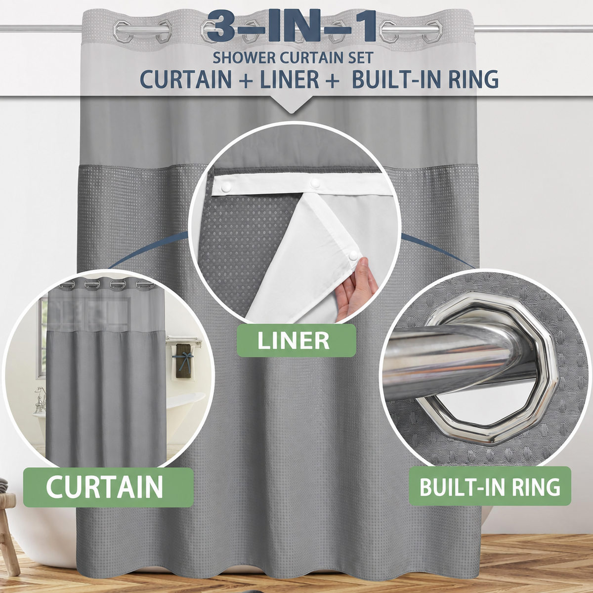 🔥No Hook Shower Curtain with Snap in Liner