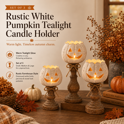 🔥Rustic White Pumpkin Tealight Candle Holder Set