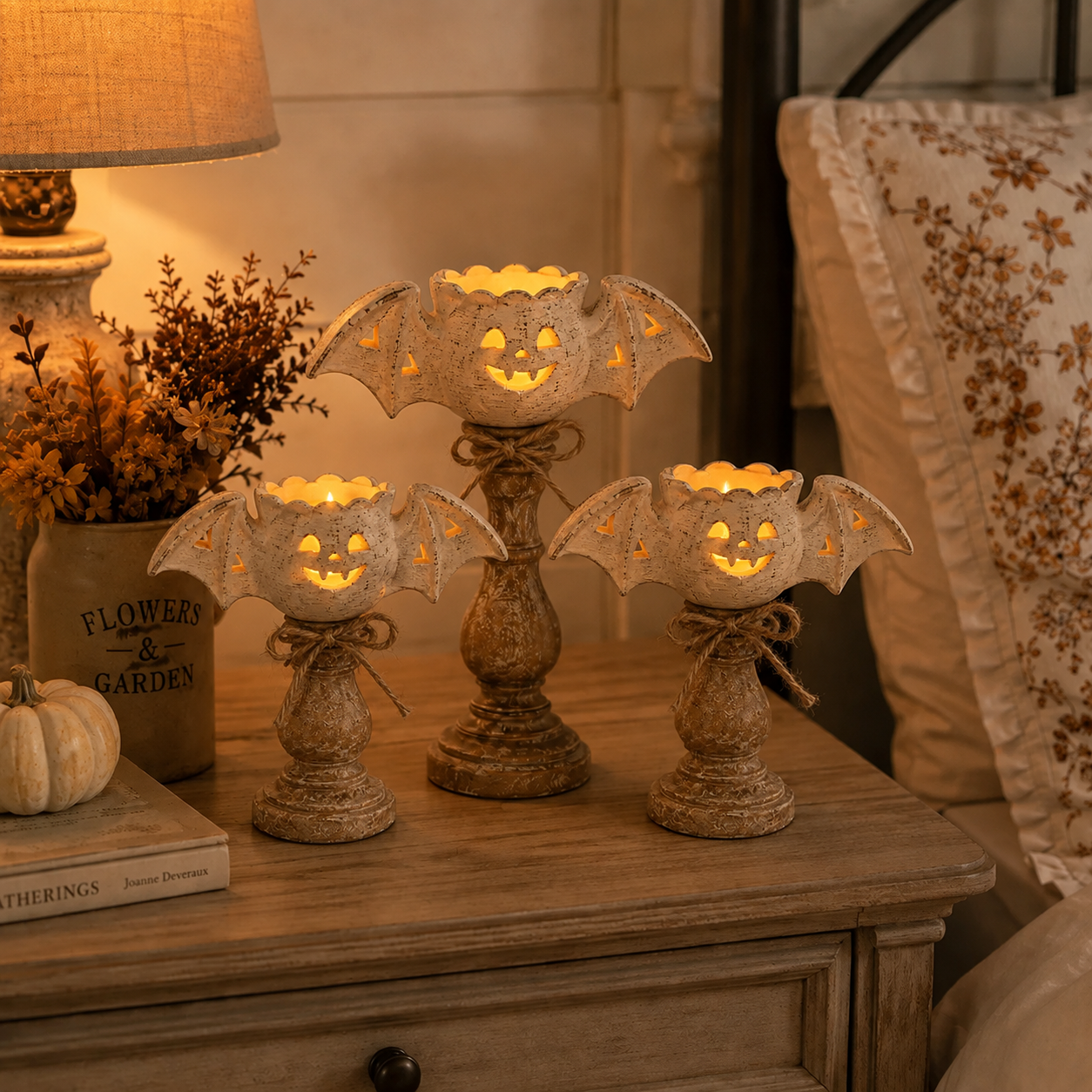 🔥Rustic White Pumpkin Tealight Candle Holder Set