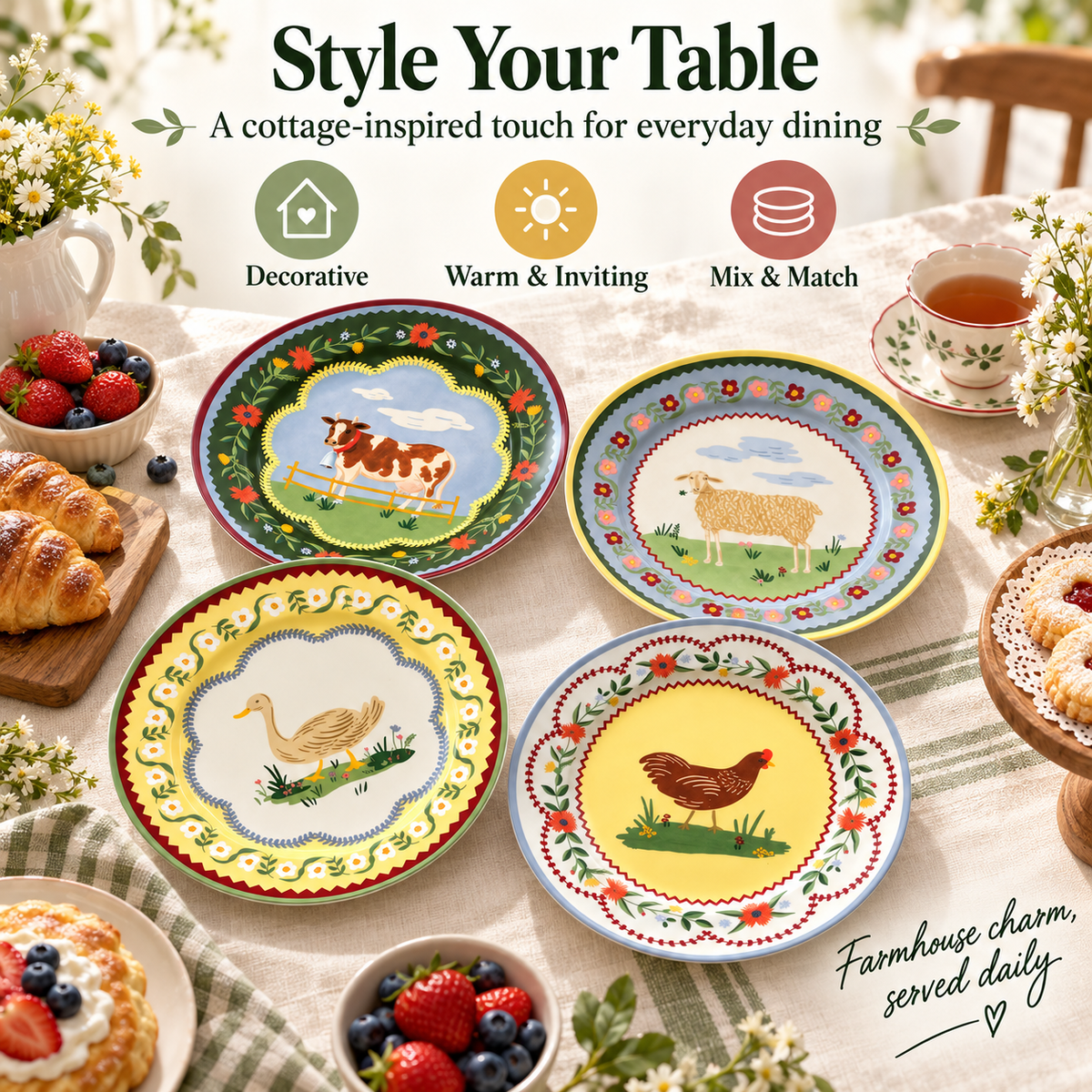 ✨Farmhouse Charm Porcelain Dessert Plates🐄