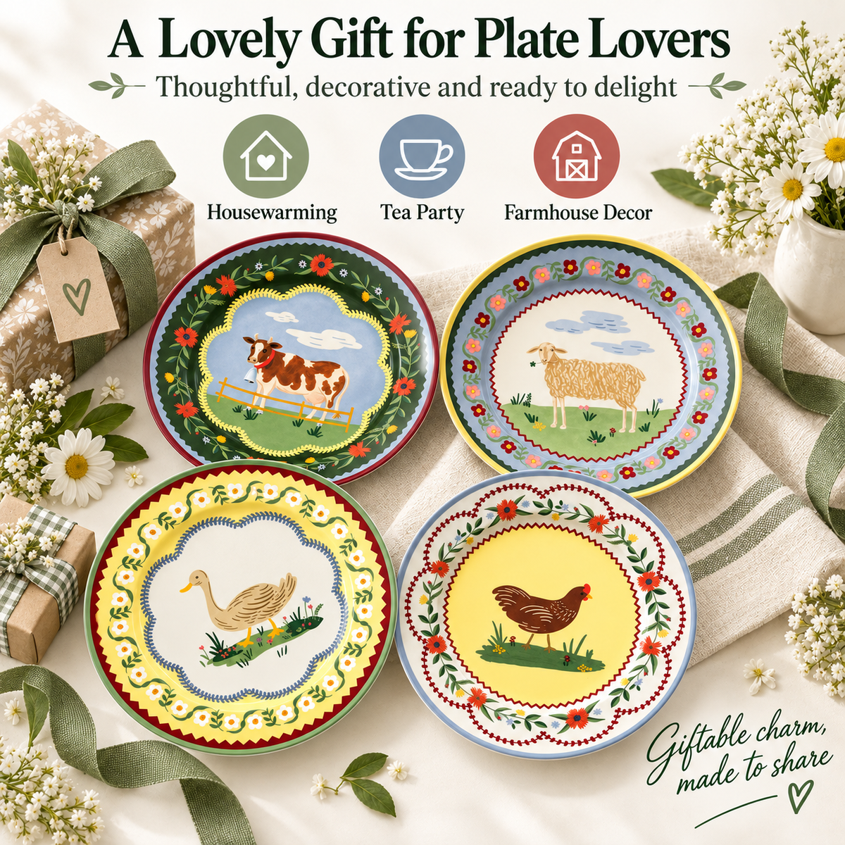 ✨Farmhouse Charm Porcelain Dessert Plates🐄