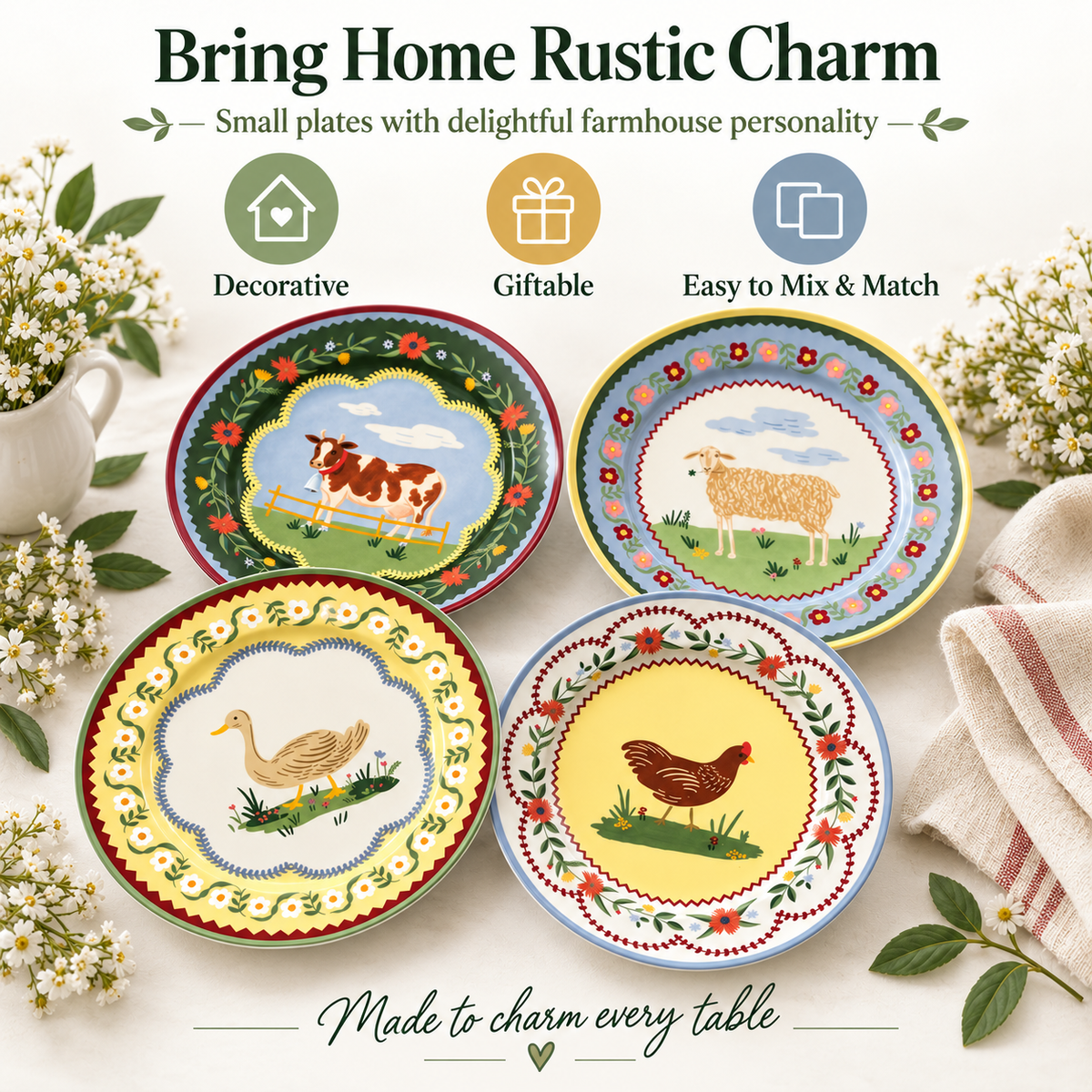 ✨Farmhouse Charm Porcelain Dessert Plates🐄