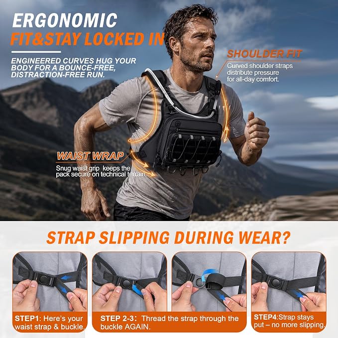 ✨Men’s 2L Tactical Hydration Running Vest – Lightweight Adjustable Chest Pack💧
