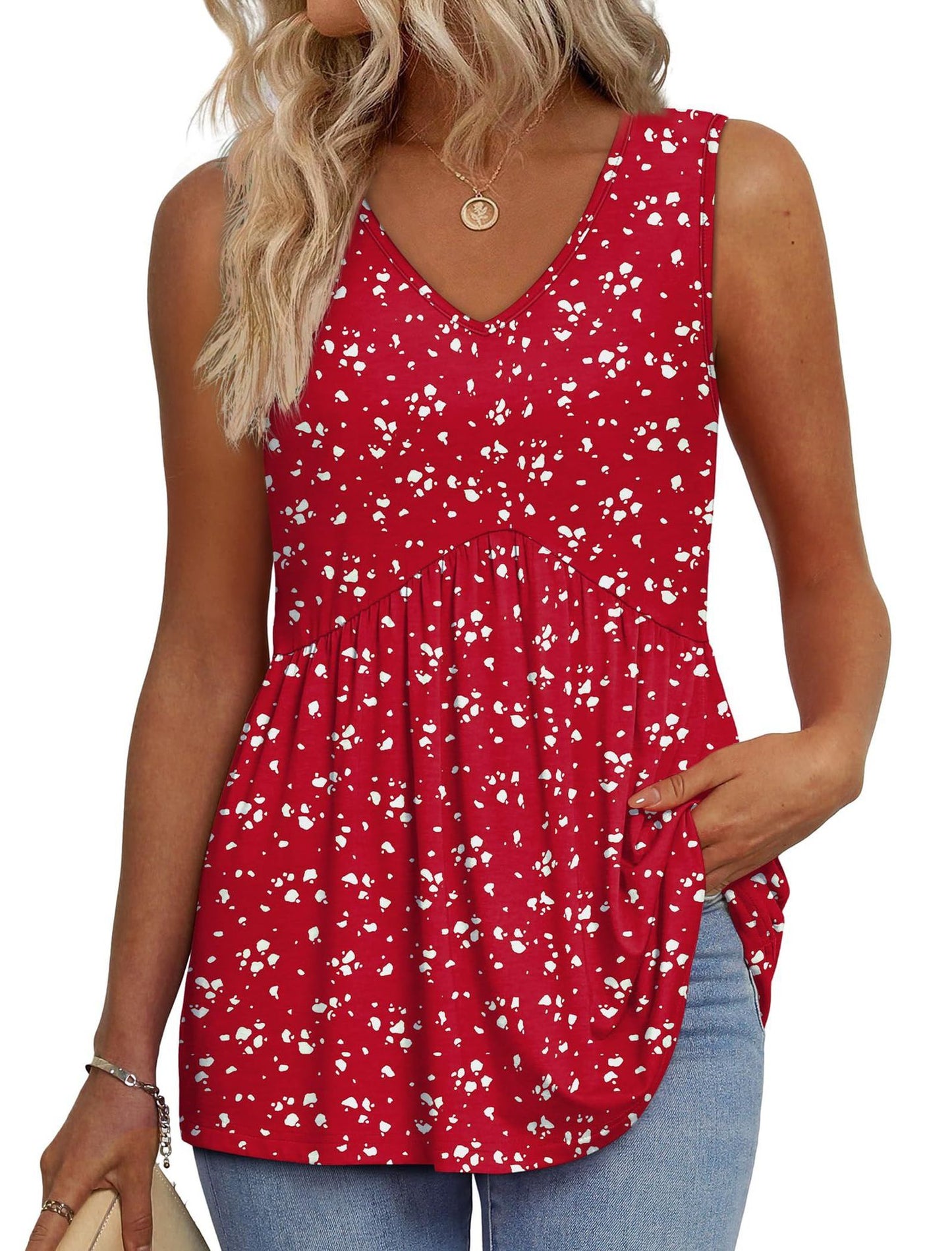 🔥Limited time sale🔥Women's Print Flowy Sleeveless V Neck Peplum Tank Tops