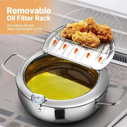 🔥304 Stainless Steel Frying Pot with Thermometer and Oil Drip Drainer Rack