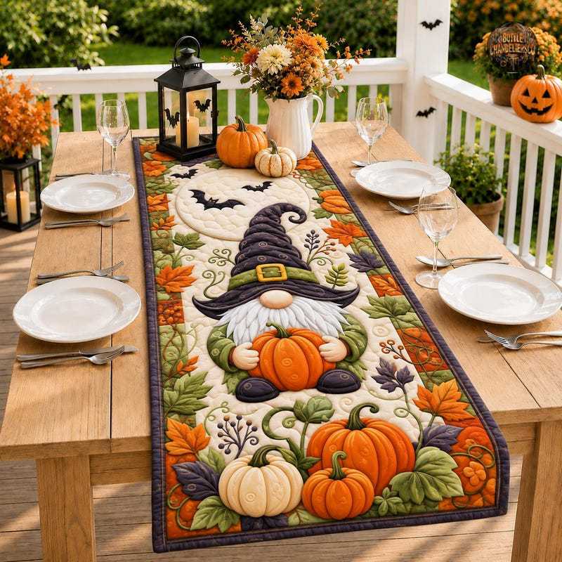 🎖️Halloween Quilted Table Runner, Fall Table Runner, Pumpkin Cat Ghost Bat Table Decor