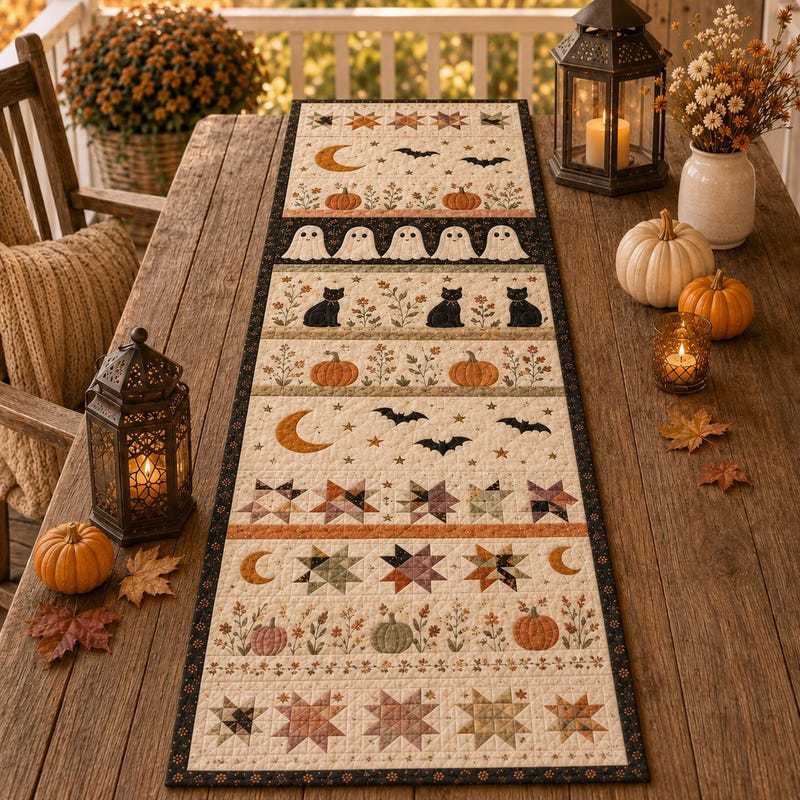 🎖️Halloween Quilted Table Runner, Fall Table Runner, Pumpkin Cat Ghost Bat Table Decor