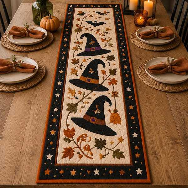 🎖️Halloween Quilted Table Runner, Fall Table Runner, Pumpkin Cat Ghost Bat Table Decor