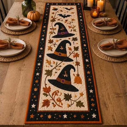 🎖️Halloween Quilted Table Runner, Fall Table Runner, Pumpkin Cat Ghost Bat Table Decor
