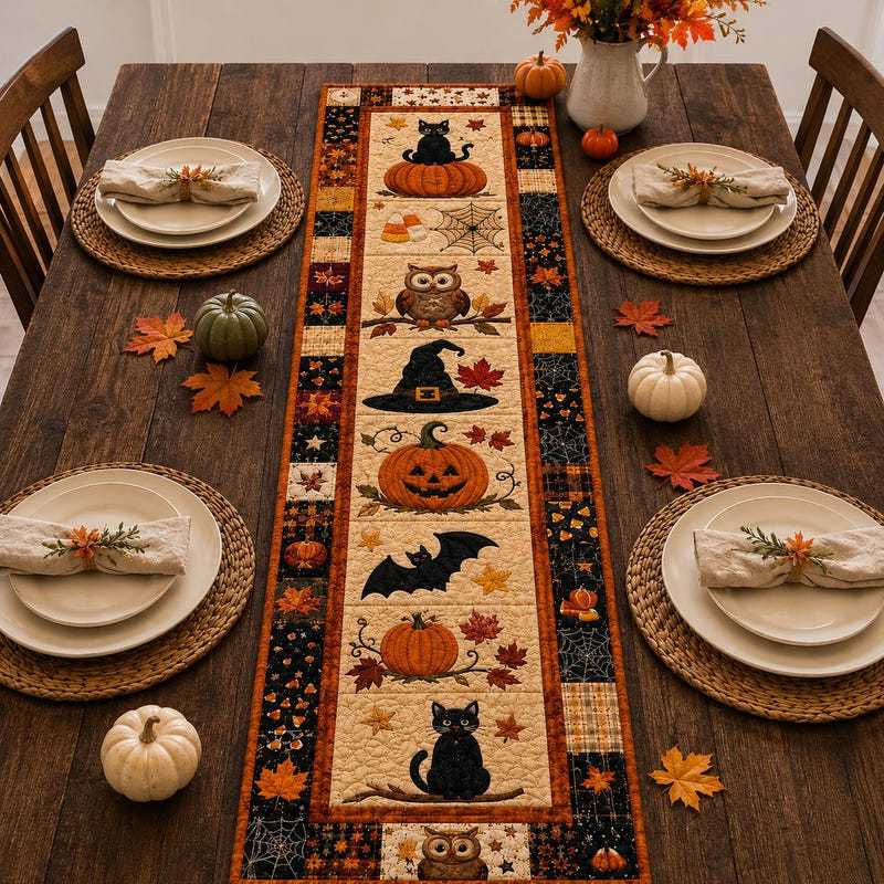 🎖️Halloween Quilted Table Runner, Fall Table Runner, Pumpkin Cat Ghost Bat Table Decor