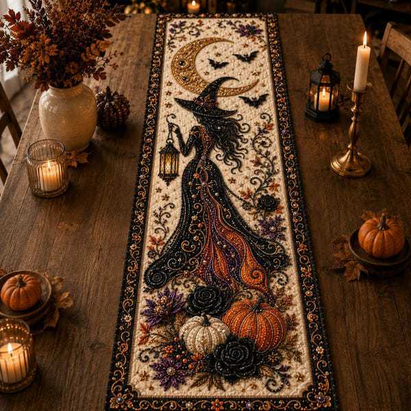 🎖️Halloween Quilted Table Runner, Fall Table Runner, Pumpkin Cat Ghost Bat Table Decor
